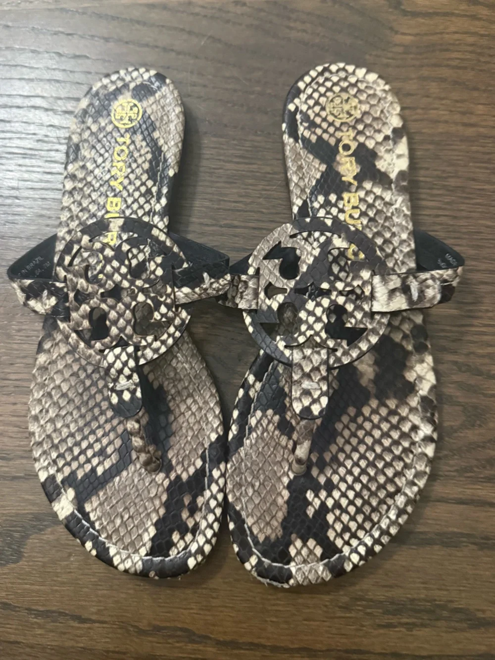 Tory Burch Black and Cream Snake-Print Reptile Miller Sandals-Great Condition!!